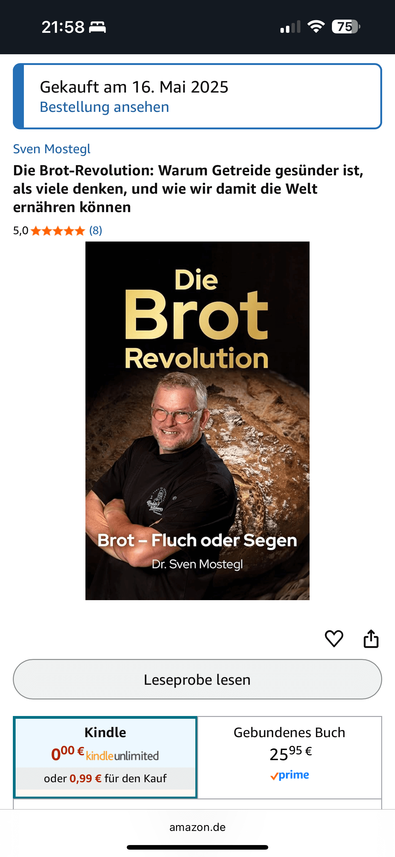 iPhone-Screenshot von Amazon: „Die Brot-Revolution" mit 5,0 Sternen, Kindle für 0,99 €, gebundenes Buch 25,95 € mit Prime.